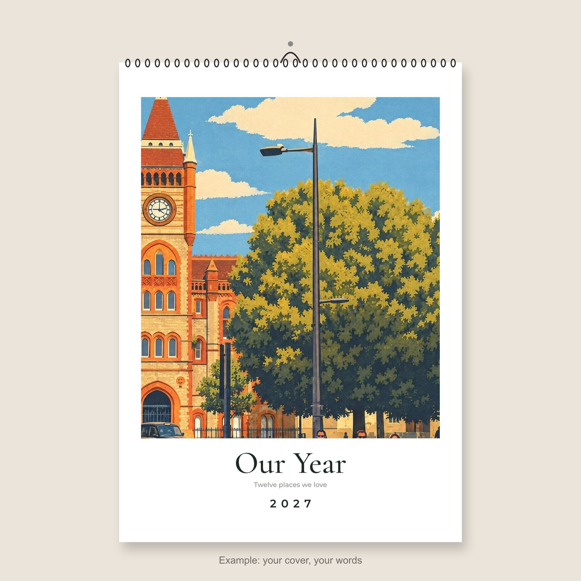 Example personalised wall calendar cover with a drawing of a real place