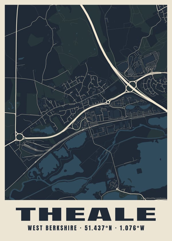 Midnight street map design, shown with a map of Theale