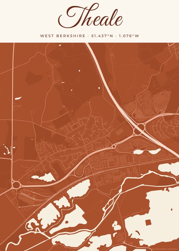 Rust street map design, shown with a map of Theale